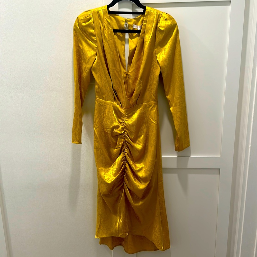 WAYF Snakeskin Print Golden Draped Midi Dress